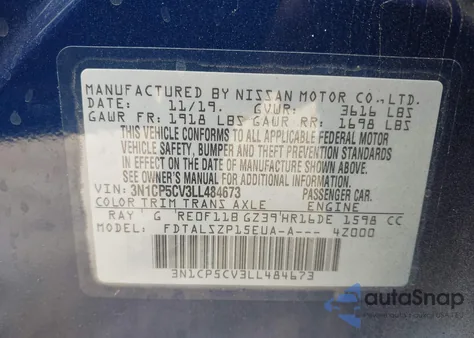 2020 Nissan Kicks Sv Xtronic Cvt z USA, uszkodzony, nr VIN 3N1CP5CV3LL484673